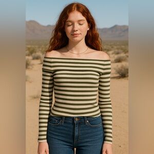 ✨ American Eagle Off-Shoulder Ribbed Stripe Top | Olive & Cream (Size M, NWOT)